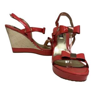 White House Black Market Coral Patent‎ Leather Bow Wedge Platform Sandals